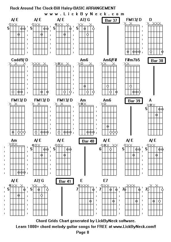 Chord Grids Chart of chord melody fingerstyle guitar song-Rock Around The Clock-Bill Haley-BASIC ARRANGEMENT,generated by LickByNeck software.